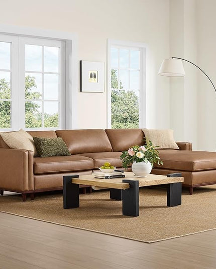 CHITA 118" Super Large Luxury L Shape Convertible Sectional Modular Sofa, FSC Certified Down Filled Modern Sofa with Ottoman, Deep Seat Cloud Couch, 4 Seat Couch, Solid Wood Leg, Faux Leather in Camel