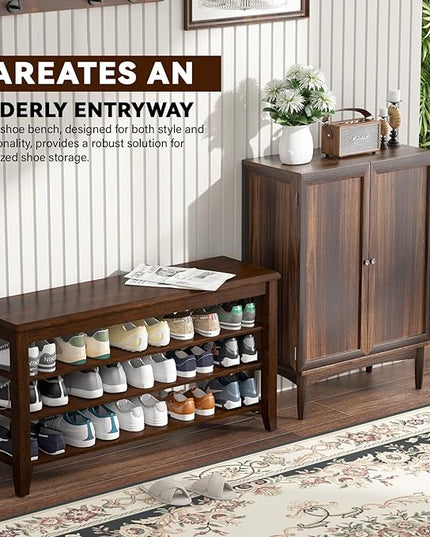 Shoe Bench Storage Rubberwood, Entryway Bench with 3-Tiers Height Adjustable, Shoe Rack Front Door Entrance Organizer for Hallway Living Room, Mudrooms, Walnut,31.5"