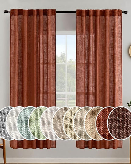 MIULEE Burnt Orange Linen Curtains 72 Inch Length 2 Panels for Bedroom Living Room, Soft Thick Linen Textured Window Drapes Semi Sheer Light Filtering Back Tab Rod Pocket Fall Decor, W37xL72