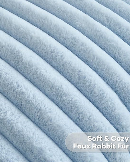 FUTEI Light Blue Throw Pillow Covers Set of 2, 24x24 Inch Striped Texture European Cushion Cases with Soft Faux Rabbit Fur Front & Velvet Back, Modern Decorative Couch Pillows for Living Room
