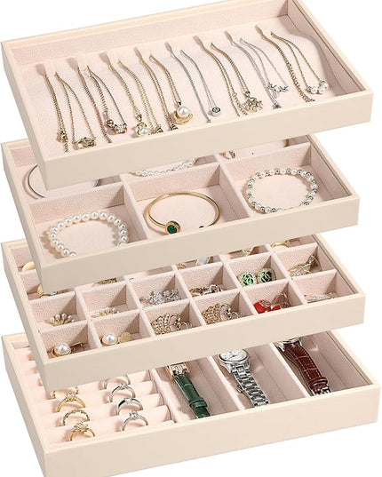 LANDICI Stackable Jewelry Organizer Trays 4 Set,PU Leather Jewelry Organizer Drawer,Jewelry Storage Display Tray for Earring Necklace Rings Bracelet with Removable Dividers,Apricot