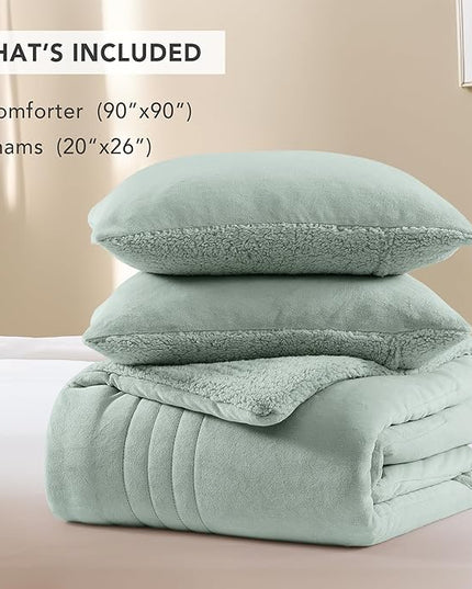 Monbix Fluffy Queen Comforter Set Sage Green, Sherpa Plush Fuzzy Comforter 3 Piece for Queen Size Bed, Luxury Soft Winter Warm Bedding Set