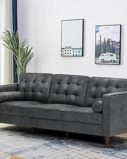 84 Inches Suede Leather Couch with Bolster Pillows, Comfy 3 Seater Sofa with Tufted Back Cushions, Modern Couch with Sturdy Legs for Living Room, Office, Bedroom, Grey