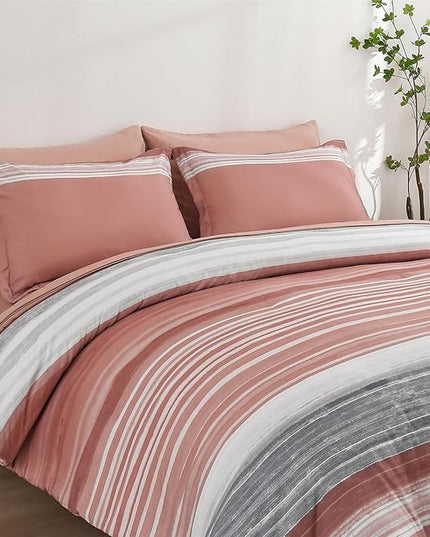 KAKIJUMN 7 Piece Bed in a Bag Stripe Comforter Set King Size, White Grey Blush Pink Patchwork Striped Comforter and Sheet Set, All Season Soft Microfiber Complete Bedding Sets(Pink,King)