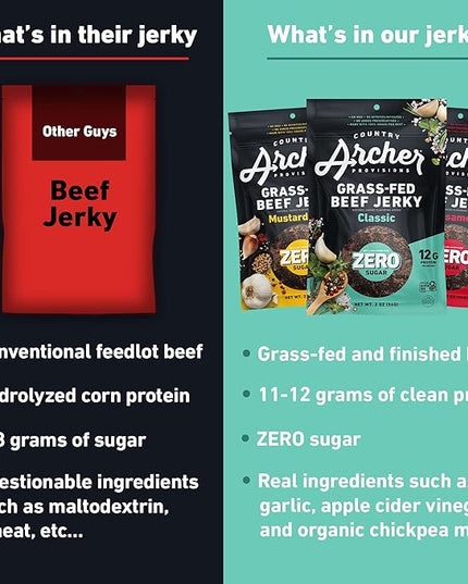 Country Archer Grass-Fed Beef Jerky Variety Pack - Beef Jerky Snack Packs, Beef Jerky Assortment, Jerky Sampler with Classic, Mustard BBQ and Spicy Sesame Garlic - 2 oz (Pack of 6)