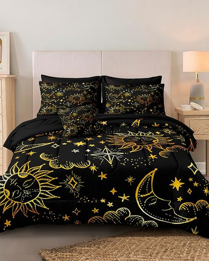 Merryword 8 Pcs Universe Bed in a Bag Sun and Moon Comforter Set Full Size Galaxy Bedding Black Gold Moon Star Pattern Bohemian Gothic Comforter Set