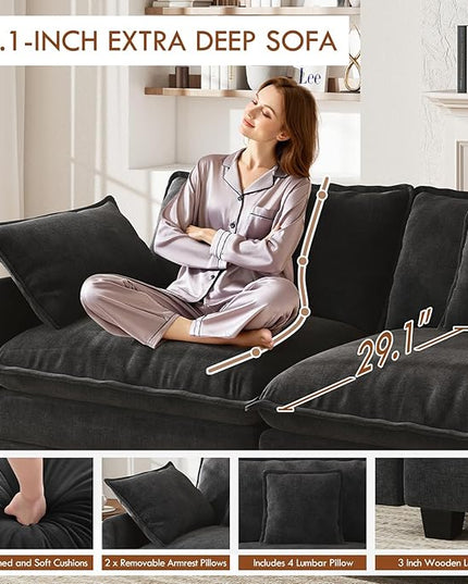 WorthFurni 146” Oversized Modular Sectional Sofa, U Shaped Cloud Couch Set, 4-Seater Comfy Chenille Couches with 2 Movable Ottomans, DIY Combination for Living Room (Black)