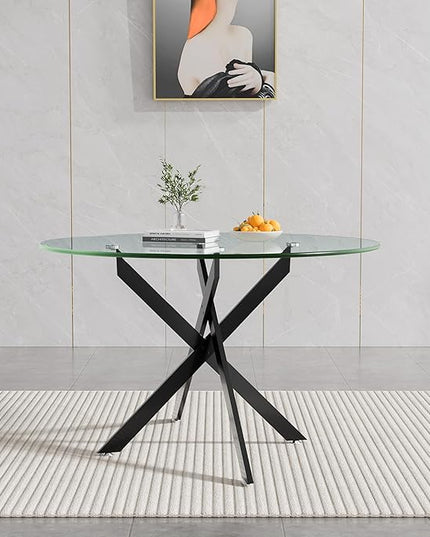 47.24" Round Glass Dining Table Modern Kitchen Glass Top Table for 6 with Black Metal Legs, Clear Dining Table Kitchen Table for Home Office Dining Room