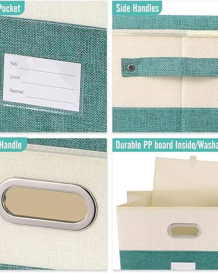 Large Linen Fabric Foldable Storage Bins with Removable Lid and Handles, Washable Storage Box Organizer Containers Baskets Cube with Cover for Bedroom,Office (Turquoise&Cream, Medium(2-Pack))