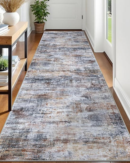 IOHOUZE Abstract Runner Rug 3x12 Ft Washable Runners for Hallways, Non Slip Kitchen Runner Printed Faux Wool Entryway Runner Indoor, Modern Abstract Floor Carpet for Hall Kitchen, Orange Grey