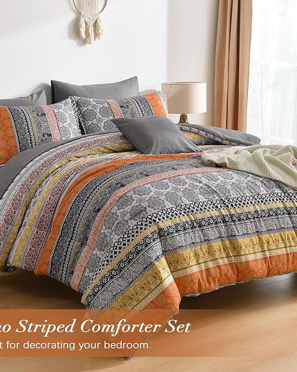 Cottolester Boho Comforter Set Queen Size,8 Pieces Orange Bohemian Striped Bed in a Bag,Paisley Soft Microfiber Bedding Comforter Set