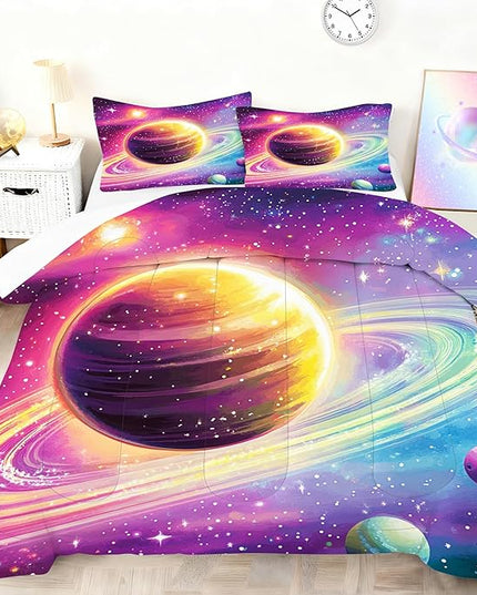 Outer Space Comforter Set Twin Size for Girls Boys Women Kids Solar System Bedding Set Planets Glitter Bed Set for Bedroom Decor Breathable Saturn Galaxy Quilt Set （2PCS, Colorful）