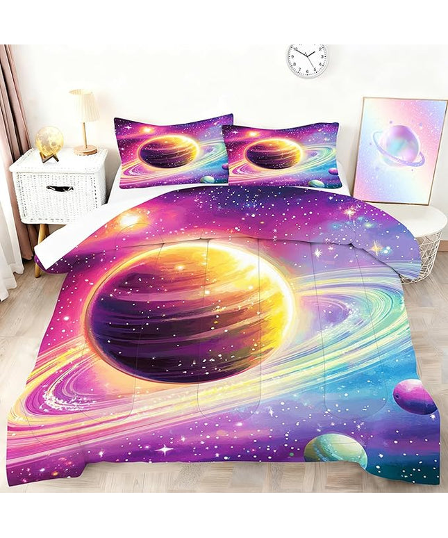 Space Planet Comforter Set Saturn's Rings Printed Bedding Set Queen Size Outer Space Bed Set Galaxy Comforter Set for Kids Teens Adults Colorful Quilt Set with 1 Comforter + 2 Pillowcases