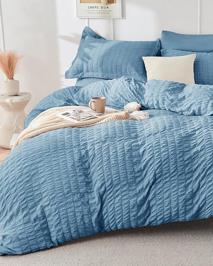 HYMOKEGE Mineral Blue King Size Comforter Set Seersucker 7 Pieces, All Season Luxury Bed in a Bag for Bedroom, Bedding Set with Comforter, Sheets, Pillowcases & Shams