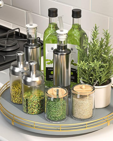 13" Wooden Lazy Susan Turntable for Cabinet – Round Rotating Spice Rack Organizer, Gray Kitchen Countertop Tray for Dining Table & Pantry Storage（Gray & Gold）