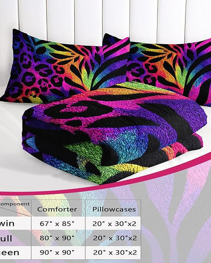 AILONEN Rainbow Leopard Print Comforter Set Full Size,Tropical Leaves Print Boho Bedding Set for Room,3Pcs,1 Duvet with 2 Pillowcases