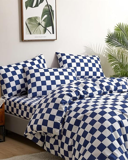 CLOTHKNOW Blue White Plaid Comforter Sets Twin/Twin XL Grid Bedding Comforter Sets Royal Blue White Bed Comforter Blue Bedding Sets Soft