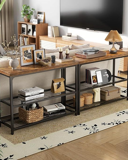 47" Console Table with Storage, 3-Tier Narrow Entryway Table, Sofa Table with Mesh Shelves, Console Tables for Living Room, Bedroom, Hallway, Entryway, Foyer, Rustic Brown