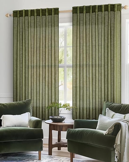 MIULEE Light Olive Green Short Linen Curtains 45 Inch Length 2 Panels for Kitchen Bedroom Bathroom, Soft Linen Textured Natural Window Drapes Semi Sheer Light Filtering Back Tab Burlap Look Decor