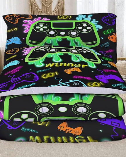 Sunnycitron Green Gamepad Gamer Comforter Set for Boys Gaming Bedding Set Teens Game Room Decor Queen (1 Comforter + 2 Pillowcase)