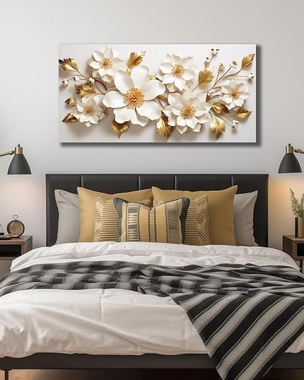 JuhaiArt Gold Wall Decor White 3D Floral Wall Art Elegant Flower Canvas Decor for Bedroom Living Room Office Picture Artwork 24" x 48"