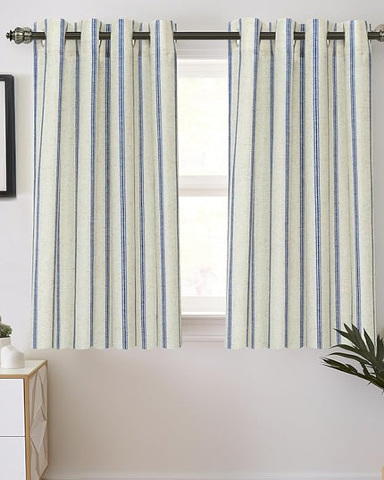 DriftAway Farmhouse Linen Blend Blackout Curtains 45 Inches Long for Bedroom Vertical Striped Printed Grommet Curtains Thermal Insulated Lined Treatments for Living Room 2 Panels W52 x L45 Navy