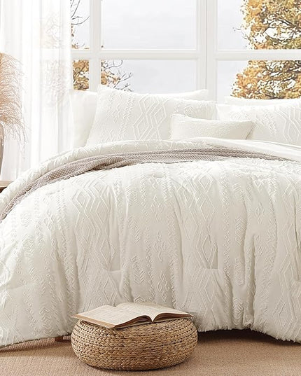 King Size Comforter Set White, Tufted Boho Bedding Farmhouse Bed Set, All Season 7 Pieces Bed in a Bag with Sheets, Pillowcases & Shams