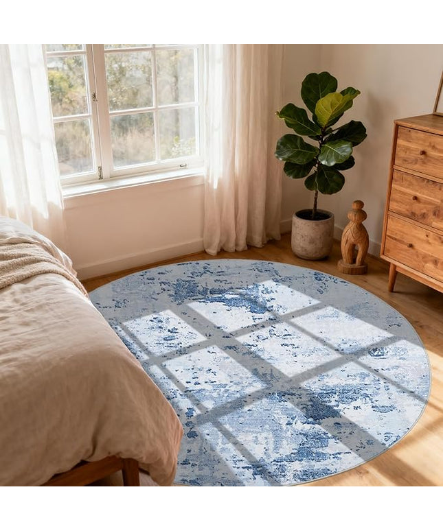 Modern Abstract 4x4 Round Area Rug Non Slip Non Shedding Rug Low Pile Stain Resistant for Bedroom Living Room Office Dining Room,Light Blue