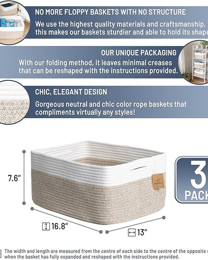 NaturalCozy Storage Baskets 16.8”x13”x7.6” Cotton Rope Woven Baskets for Organizing 3-Pack | Toy Storage Bins | Basket for Shelves, Laundry, Blanket, Clothes, Closet, Kitchen, Bathroom, Gifts