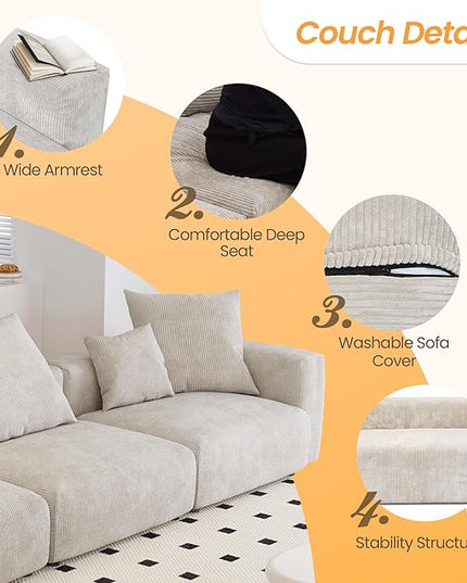 JACH Corduroy Modular Sectional Couch, Oversized Sectional Sofa, Cushion Covers Removable, Modern Deep 3-Seat Couches for Living Room, Office (Beige)