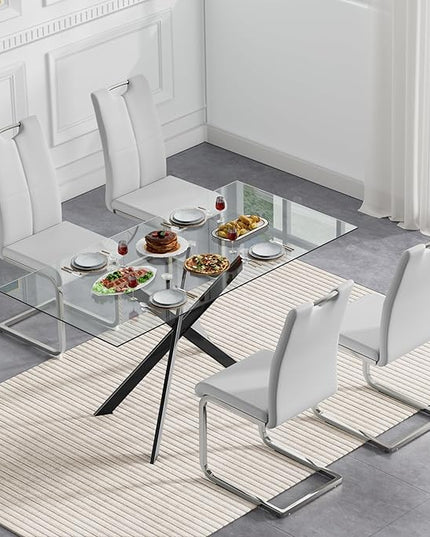 5 Piece Glass Dining Table Set, Glass Kitchen Dining Room Table Set for 4, 61" Modern Rectangular Black Glass Metal Dining Table with 4 Grey PU Leather Dining Chairs for Kitchen Dining Room