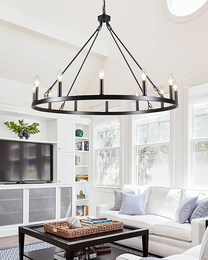 Black Wagon Wheel Chandelier 38 inch,12-Light Farmhouse Wagon Wheel Chandeliers Round Industrial Ceiling Rustic Country Light fixtures for Outdoor Porch high Ceilings Living Dining Room Foyer Entryway