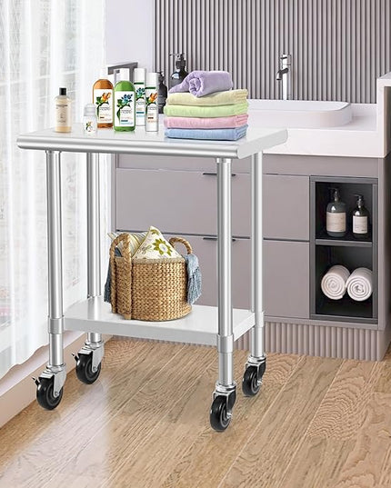 HARDURA Stainless Steel Commercial Table Prep & Work Table with Casters Heavy Duty Metal Table with Wheels NSF 430 18×30 Inches
