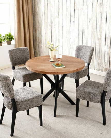 5-Piece Round Dining Table Set, Modern Small 37" Kitchen Table Chairs Set, Upholstered Stackable Dining Chairs with Black Metal Legs for Living Room Apartment, Space-saving, Imitation Wood&Grey