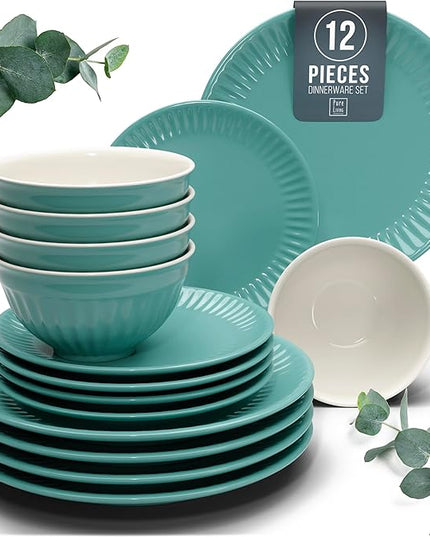 Stoneware Dinnerware Set for 4 People HYGGE 12-Piece - Elegant Scandi Design - Premium Dish Set - Bowl and Plate Set - Tableware for 4 People in a Ribbed Design - Pure Living in Green