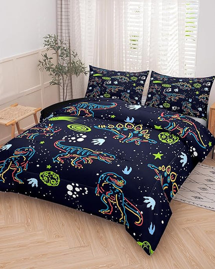 NINENINE Dark Blue Dinosaur Bedding Sets for Kids Boys,Retro Dinosaur Bedding Comforter,Full Size Bedding Sets for Boys Kids, with 1 Comforter 2 Pillowcases