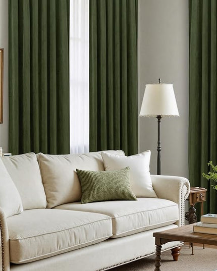 LAMIT Olive Green Velvet Curtains for Living Room 102 Inch Length, Room Darkeing Blackout Panels Luxury Thermal Insulated Back Tab and Rod Pocket Window Drapes for Bedroom, 2 Panels, 52 x 102 Inch