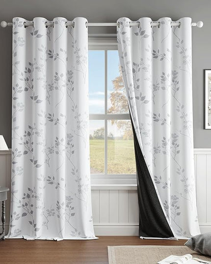 Beauoop Floral 100% Blackout Curtains 90 Inches Long 2 Panels for Bedroom Living Room Grey White Flower Patterned Room Darkening Thermal Insulated Soundproof Grommet Window Treatments Drapes, 52X90