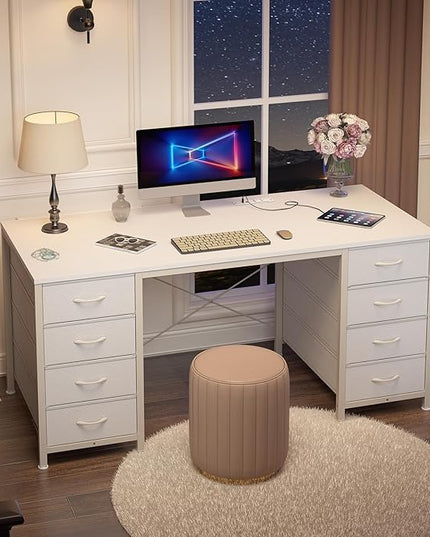 50 Inch White Computer Desk with 8 Drawers, Home Office Desk with Power Outlets, Work Study Gaming Desk with 8 Fabric Drawers, White