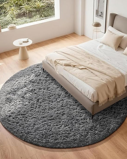 Ophanie Round Rug 8Ft Grey Circle Area Rugs, Large Fluffy Fuzzy Living Room Carpet 8 feet, Plush Shag Solid indoor Floor Gray Bedroom Christmas Circular Aesthetic Decor for Kids Teen Boys Baby,Nursery