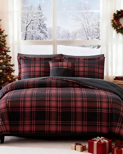 MaiRêve King Comforter Set, Classic Red Black Plaid Bedding Set 7 Pieces, Farmhouse Lightweight All Season Bed in a Bag with Sheets, Pillowcases & Shams