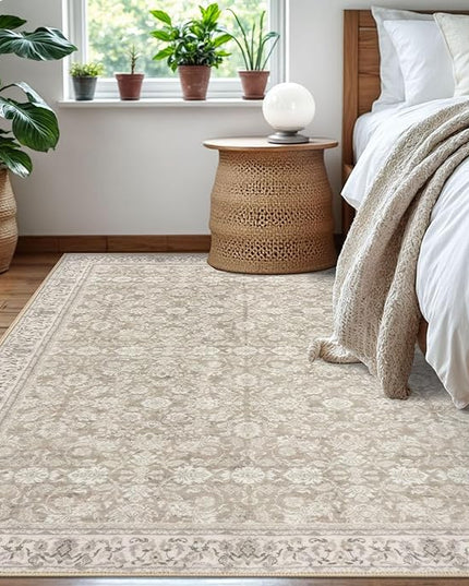5x7 Area Rug for Bedroom, Cream Beige White Grey Large Vintage Neutral Rug with Non-Slip, Non-Shedding Washable Area Rugs for Living Room, Soft Distressed Floral Carpet for Office Home Décor