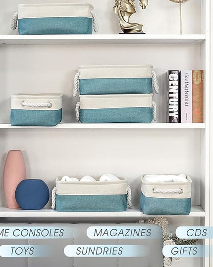 TheWarmHome Storage Bins for Shelves - Small 6 Pack 11.8x7.8x5.2 inch Sturdy Storage Basket W/Handles, Decorative Foldable Storage Baskets for Organizing Closet Nursery Toy(White & Green)