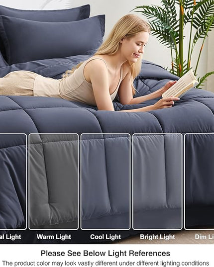 Love's cabin California King Comforter Set Indigo Blue, 7 Pieces California King Bed in a Bag, All Season Bedding Sets with 1 Comforter, 1 Flat Sheet, 1 Fitted Sheet, 2 Pillowcase and 2 Pillow Sham