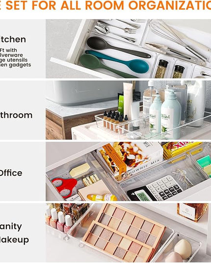 Criusia 30 Pack Large Clear Plastic Drawer Organizer Bins - Acrylic Kitchen Drawer Organization and Storage Dividers for Utensils Gadgets, Office Bathroom and Vanity Organizer for Makeup Accessoires