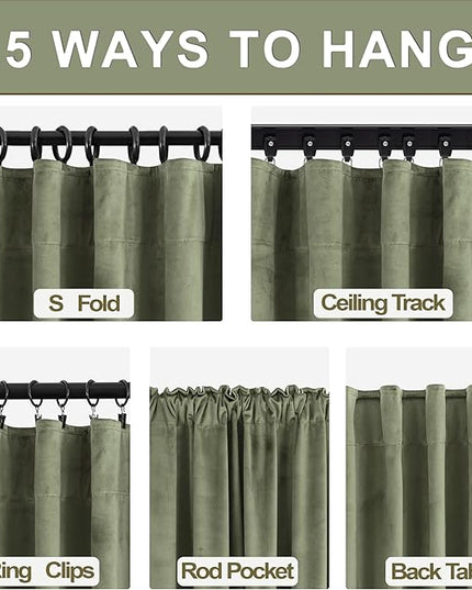 KOUFALL Sage Green Velvet Curtains for Bedroom Aesthetic Subtle Textured Blackout Boho French Country Cottage Core Curtains for Living Room 84 Inch Long