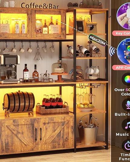 Itaar Bakers Rack with Power Outlet and LED Light, 45.3 Inch Farmhouse Coffee Bar Cabinet, Kitchen Microwave Stand with Storage, Glass Cabinet, Goblet Holder and 8 Hooks (Rustic Brown)