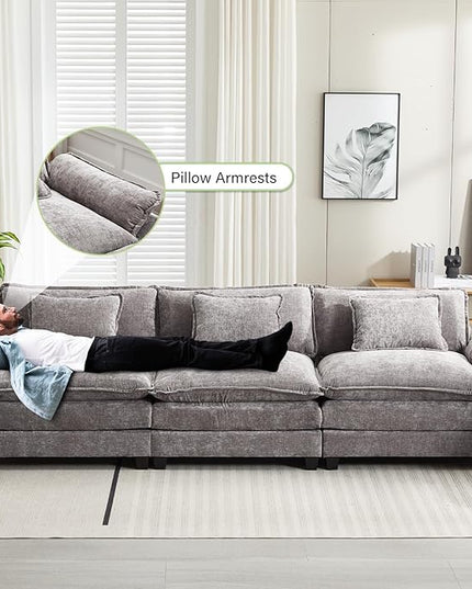 120" Modular Sectional Sofa, Comfy Cloud Couch Sectional Sofa, Chenille Sofa Sleeper Deep Seat Sofa with Throw Pillows for Living Room (Light Gray, 120"- 3 Seater)