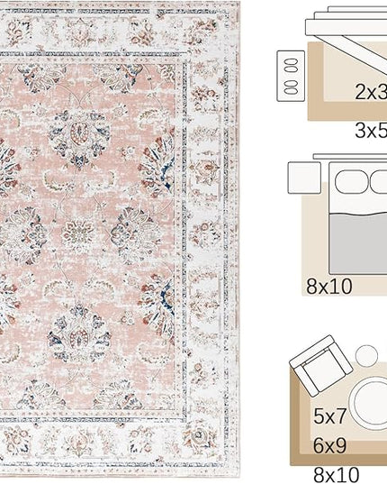 jinchan Fiora 8x10 Area Rugs for Living Room - Machine Washable Vintage Floral Distressed Design Stain Resistant Boho Carpet Low Pile Non-Slip Rug for Bedroom Dining Room Home Office (8‘x10', Pink)