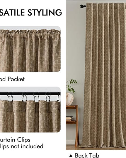 MIULEE Decorative Back Tab Linen Curtains with Geometric Pattern for Living Room Bedroom Farmhouse Rustic Thick Woven Textured Patterned Mudcloth Drapes 72 Inches Long 2 Panels Set, Brown